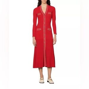 Sandro ESMERALDA Red Knit Maxi Dress Size 36 Small